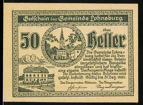 Notgeld Lohnsburg 1920, 50 Heller, Stadtansicht und Dorfkirche Motive