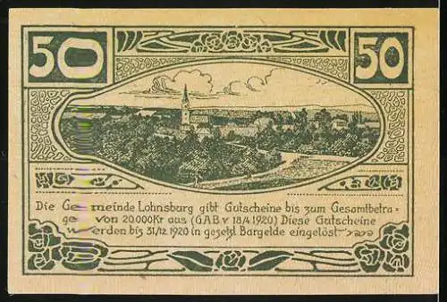 Notgeld Lohnsburg 1920, 50 Heller, Stadtansicht und Dorfkirche Motive