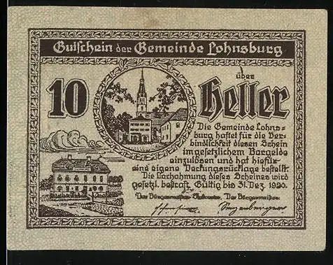 Notgeld Lohnsburg 1920, 10 Heller, Stadtansicht mit Kirche und Landschaftspanorama