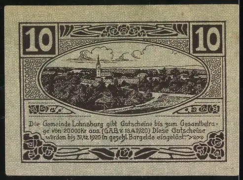 Notgeld Lohnsburg 1920, 10 Heller, Stadtansicht mit Kirche und Landschaftspanorama