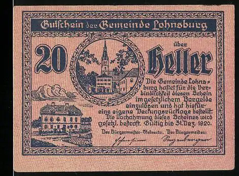 Notgeld Lohnsburg 1920, 20 Heller, Stadtansicht mit Kirche und Landschaftsmotiv