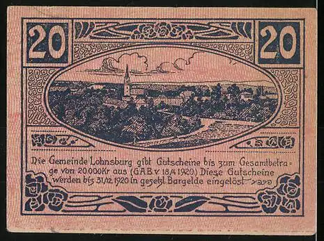 Notgeld Lohnsburg 1920, 20 Heller, Stadtansicht mit Kirche und Landschaftsmotiv