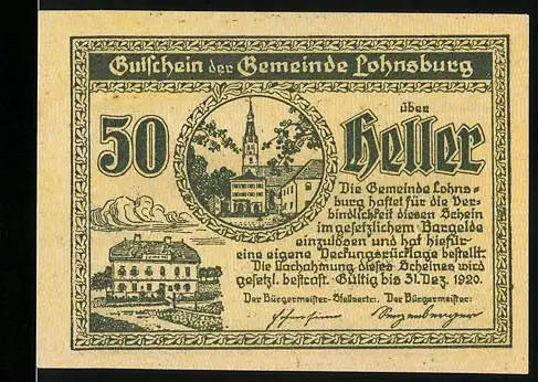 Notgeld Lohnsburg 1920, 50 Heller, Stadtansicht mit Kirche und Gebäude, Textdetails