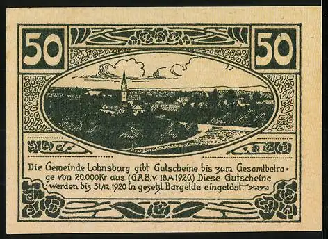 Notgeld Lohnsburg 1920, 50 Heller, Stadtansicht mit Kirche und Gebäude, Textdetails