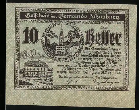 Notgeld Lohnsburg 1920, 10 Heller, Landschaft und Gebäudeansicht