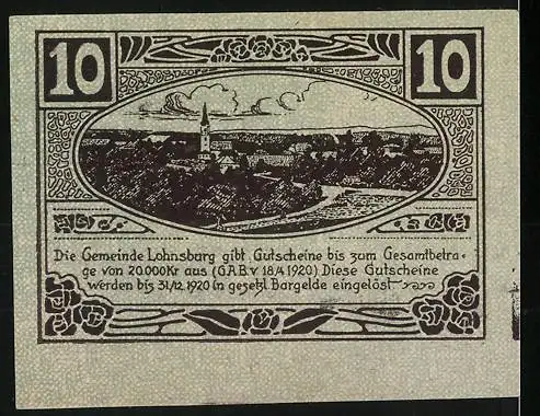 Notgeld Lohnsburg 1920, 10 Heller, Landschaft und Gebäudeansicht