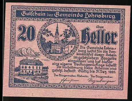 Notgeld Lohnsburg 1920, 20 Heller, Stadtansicht mit Kirche und Landschaftsmotiv