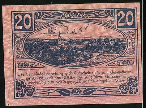 Notgeld Lohnsburg 1920, 20 Heller, Stadtansicht mit Kirche und Landschaftsmotiv