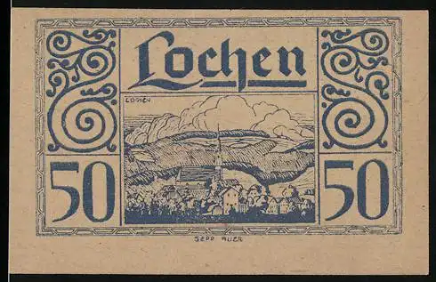 Notgeld Lochen 1920, 50 Heller, Stadtansicht mit Bergkulisse und dekorativem Schriftzug