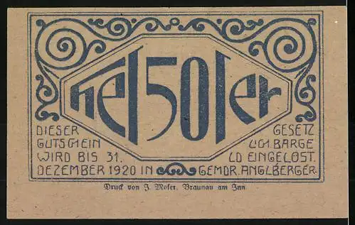 Notgeld Lochen 1920, 50 Heller, Stadtansicht mit Bergkulisse und dekorativem Schriftzug