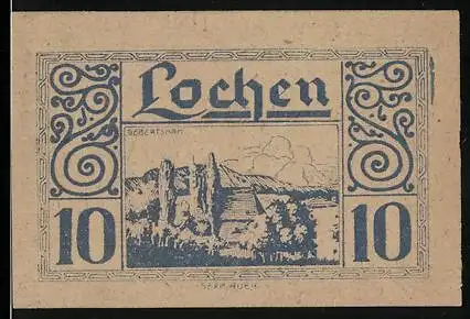 Notgeld Lochen 1920, 10 Heller, Landschaftsmotiv mit Bergen und Bäumen, dekorative Muster