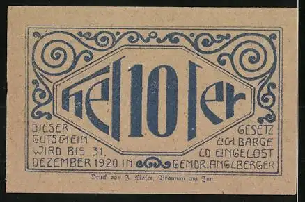 Notgeld Lochen 1920, 10 Heller, Landschaftsmotiv mit Bergen und Bäumen, dekorative Muster