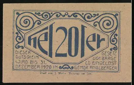 Notgeld Lochen 1920, 20 Heller, Landschaftsmotiv mit Ornamenten