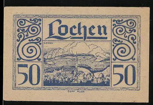 Notgeld Lochen 1920, 50 Heller, Landschaftsansicht mit Bergen und Dorf, kunstvolle Umrandung