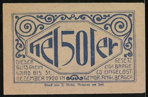 Notgeld Lochen 1920, 50 Heller, Landschaftsansicht mit Bergen und Dorf, kunstvolle Umrandung