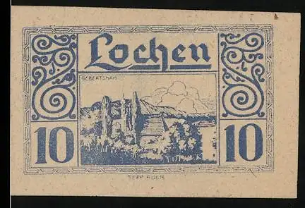 Notgeld Lochen 1920, 10 Heller, Landschaftsmotiv mit Bäumen und Wolken