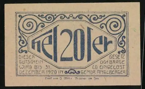 Notgeld Lochen 1920, 20 Heller, Landschaftsmotiv mit Ornamenten