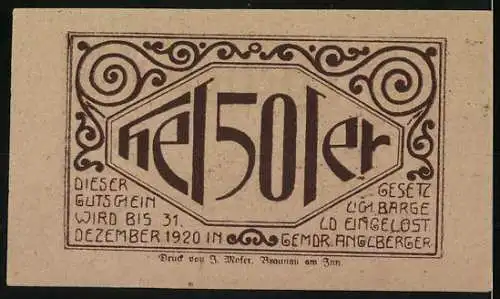 Notgeld Lochen 1920, 50 Heller, Stadtansicht und dekorative Ornamente