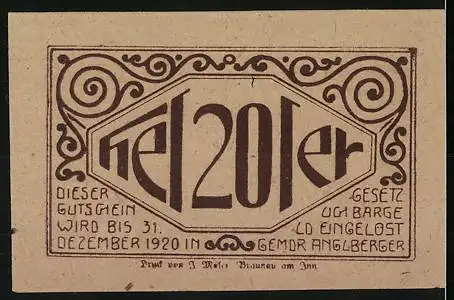 Notgeld Lochen 1920, 20 Heller, Landschaftsmotiv und dekorative Ornamente