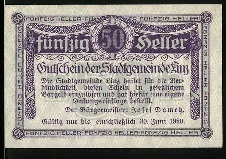 Notgeld Linz 1920, 50 Heller, dekoratives Schriftmotiv und Garantieerklärung