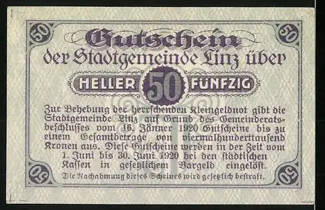 Notgeld Linz 1920, 50 Heller, dekoratives Schriftmotiv und Garantieerklärung