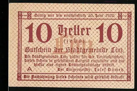 Notgeld Linz 1920, 10 Heller, Gutschein der Stadtgemeinde Linz, gültig bis 30. Juni 1920