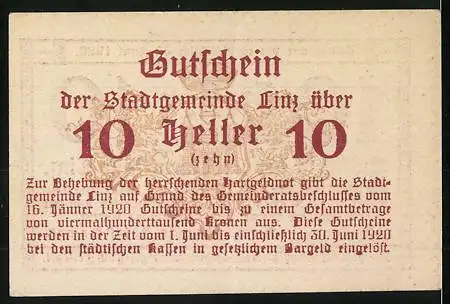 Notgeld Linz 1920, 10 Heller, Gutschein der Stadtgemeinde Linz, gültig bis 30. Juni 1920