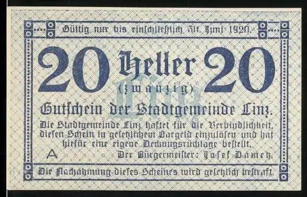 Notgeld Linz 1920, 20 Heller, Gutschein der Stadtgemeinde Linz, dekoratives Muster