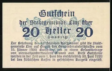 Notgeld Linz 1920, 20 Heller, Gutschein der Stadtgemeinde Linz, dekoratives Muster