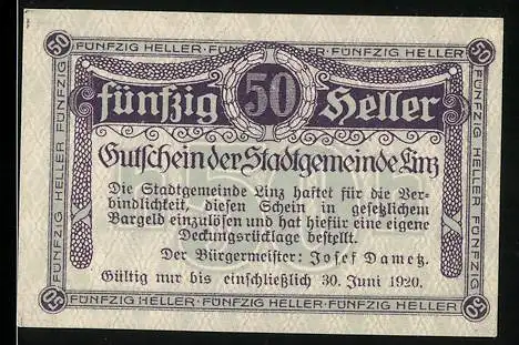 Notgeld Linz 1920, 50 Heller, Text und Verzierungsmuster