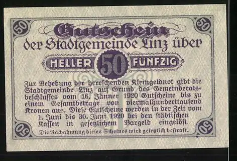 Notgeld Linz 1920, 50 Heller, Text und Verzierungsmuster