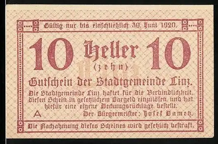 Notgeld Linz 1920, 10 Heller, Gutschein der Stadtgemeinde Linz, gültig bis 30. Juni 1920