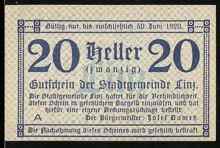 Notgeld Linz 1920, 20 Heller, Gutschein der Stadtgemeinde Linz, gültig bis 30. Juni 1920