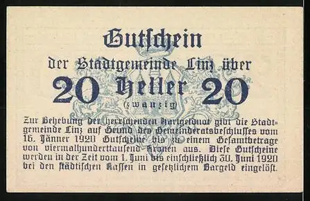 Notgeld Linz 1920, 20 Heller, Gutschein der Stadtgemeinde Linz, gültig bis 30. Juni 1920