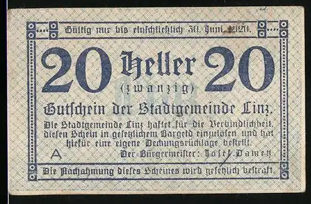 Notgeld Linz 1920, 20 Heller, Gutschein der Stadtgemeinde mit Textpassagen