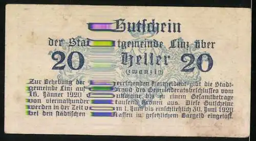 Notgeld Linz 1920, 20 Heller, Gutschein der Stadtgemeinde mit Textpassagen