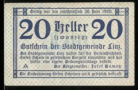 Notgeld Linz 1920, 20 Heller, Gutschein der Stadtgemeinde Linz mit Text zur Einlösung