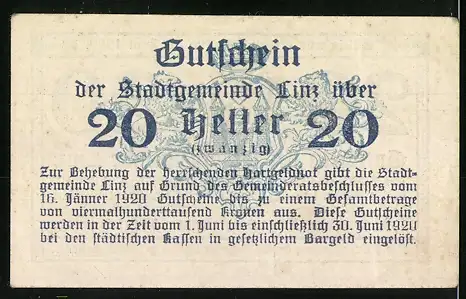 Notgeld Linz 1920, 20 Heller, Gutschein der Stadtgemeinde Linz mit Text zur Einlösung