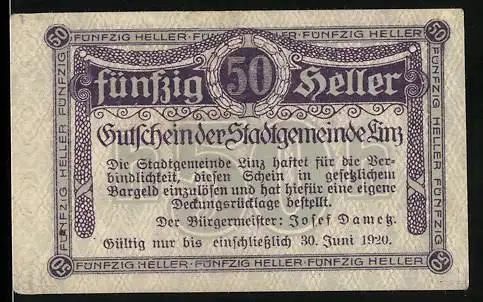 Notgeld Linz 1920, 50 Heller, Gutschein, lila Muster, gültig bis 30. Juni 1920