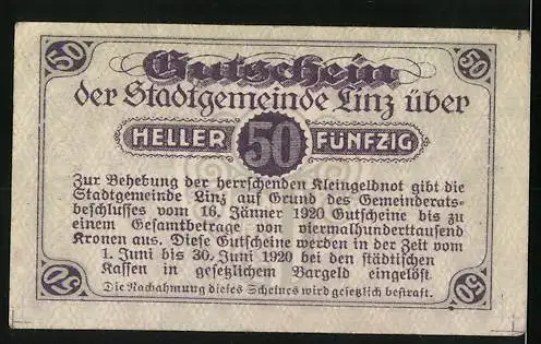 Notgeld Linz 1920, 50 Heller, Gutschein, lila Muster, gültig bis 30. Juni 1920