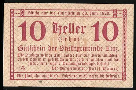 Notgeld Linz 1920, 10 Heller, Gutschein der Stadtgemeinde Linz mit Gültigkeit bis 30. Juni 1920