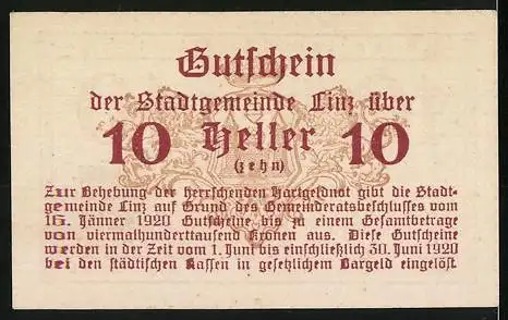 Notgeld Linz 1920, 10 Heller, Gutschein der Stadtgemeinde Linz mit Gültigkeit bis 30. Juni 1920