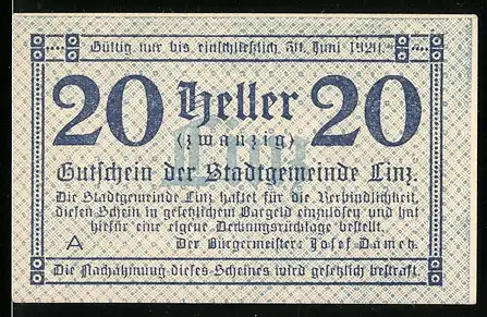 Notgeld Linz 1920, 20 Heller, Gutschein der Stadtgemeinde Linz mit blauem Zierrahmen und Text