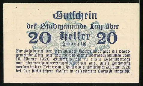 Notgeld Linz 1920, 20 Heller, Gutschein der Stadtgemeinde Linz mit blauem Zierrahmen und Text