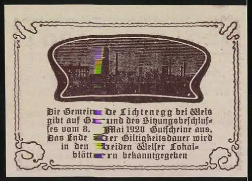 Notgeld Lichtenegg bei Wels 1920, 20 Heller, Gutschein mit Stadtansicht und Text