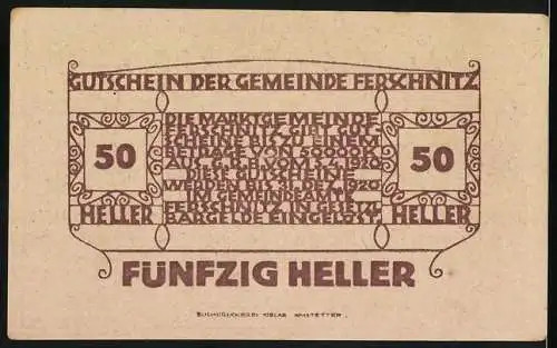 Notgeld Ferschnitz 1920, 50 Heller, historische Ansicht der Kirche, stilisierte Ornamente