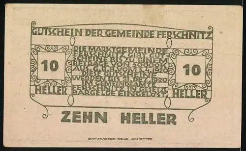 Notgeld Ferschnitz 1920, 10 Heller, Kirche und dekoratives Design