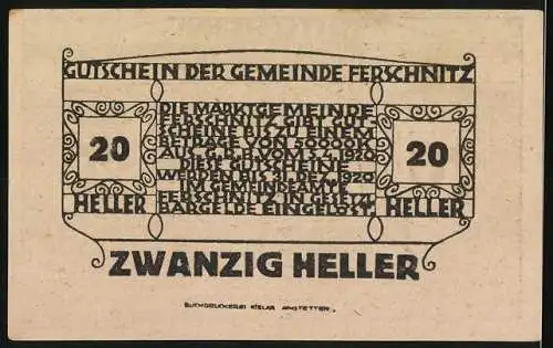 Notgeld Ferschnitz 1920, 20 Heller, Kirche und kunstvolle Ornamente