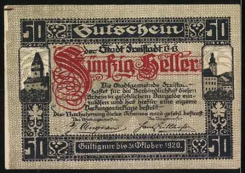 Notgeld Freistadt 1920, 50 Heller, Stadtansicht mit Wappen und dekorativem Schriftzug