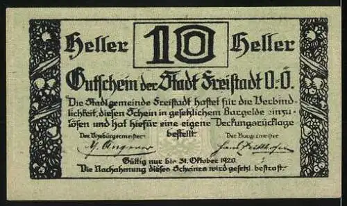 Notgeld Freistadt 1920, 10 Heller, Stadtansicht mit Turm und Verzierung